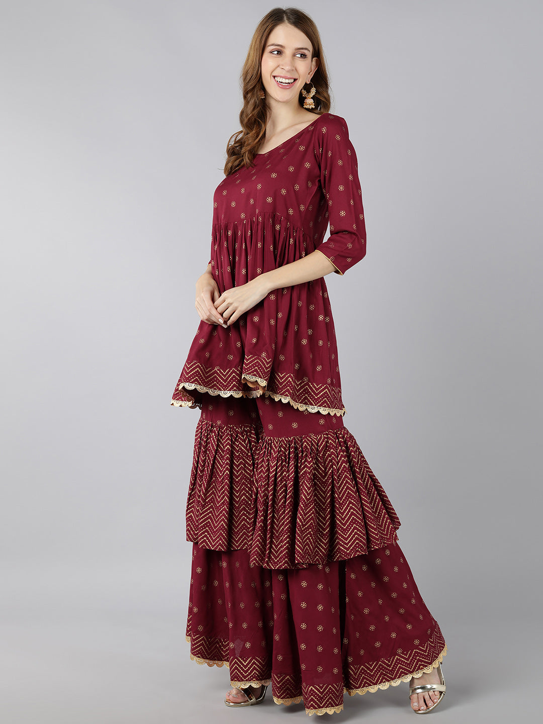 Rayon Gold Print Flared Ethnic Set (Maroon) - Image 3