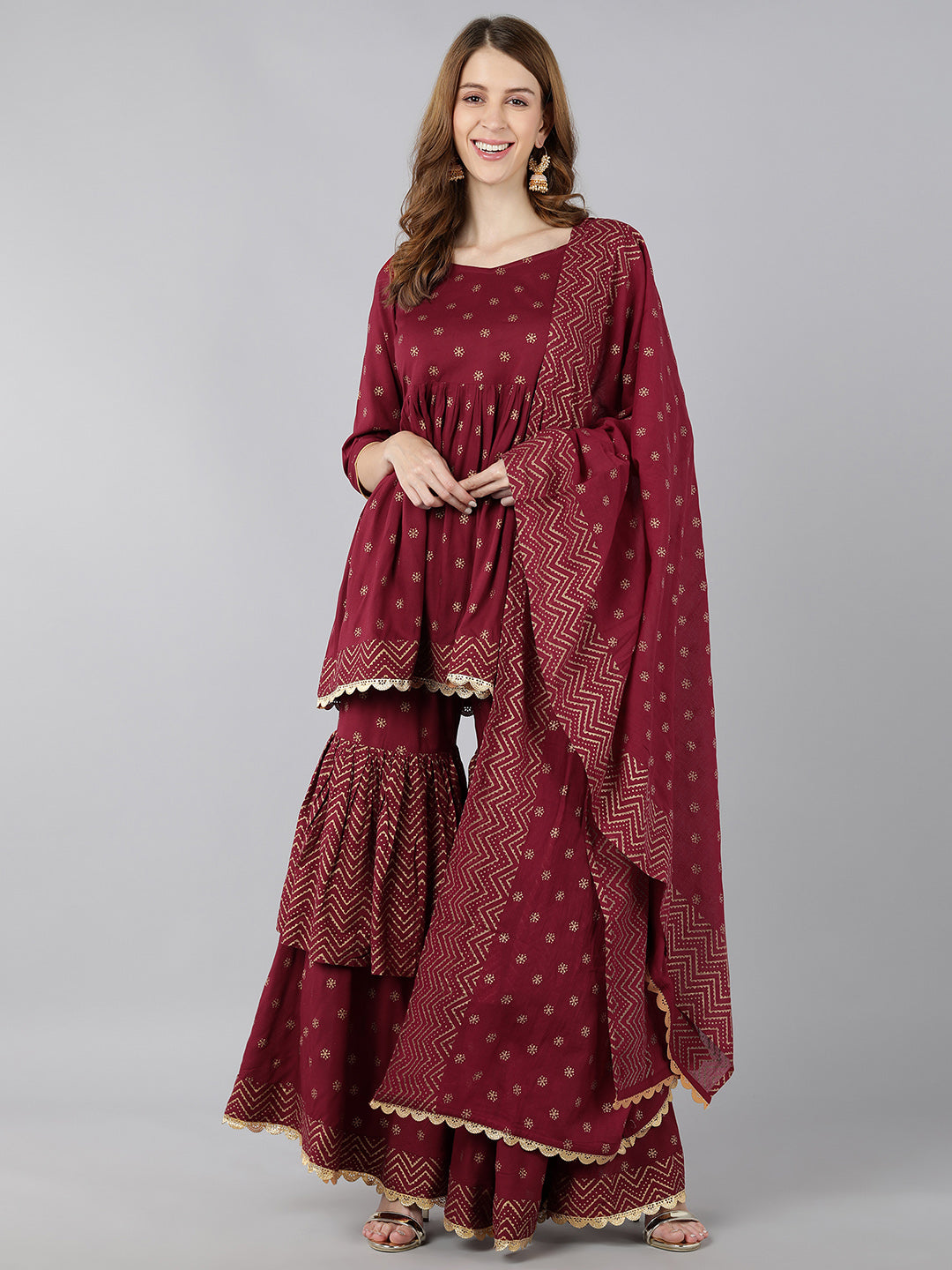 Rayon Gold Print Flared Ethnic Set (Maroon) - Image 4