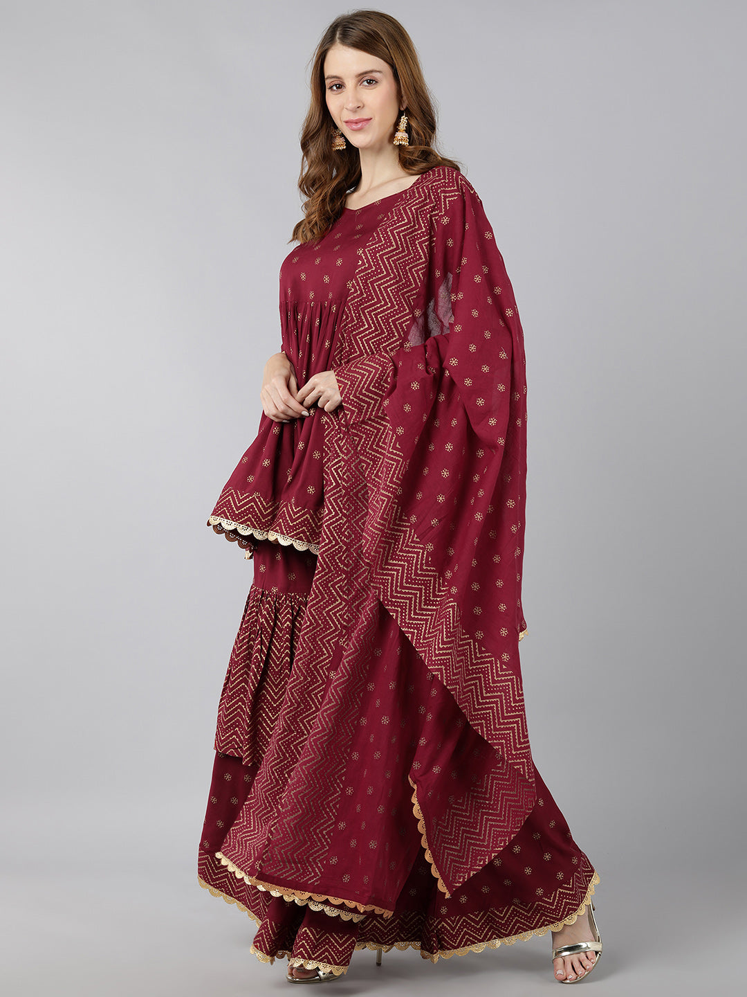 Rayon Gold Print Flared Ethnic Set (Maroon) - Image 5