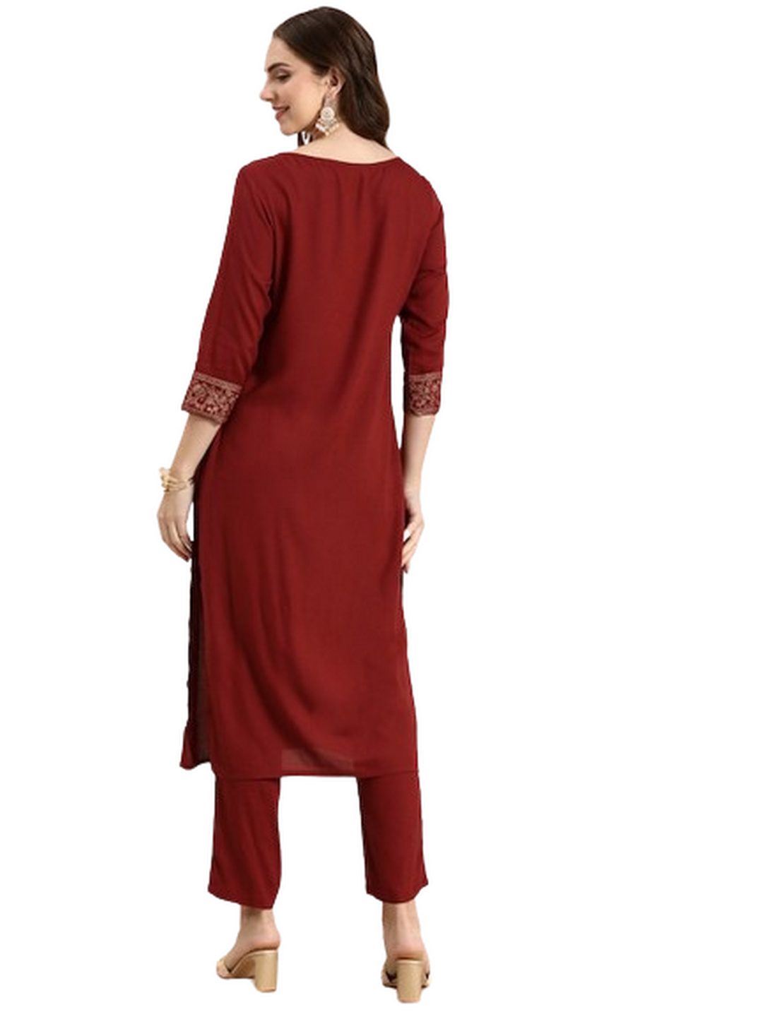Solid Round Neck Half Sleeves Calf Length Rayon Kurta Set - Image 2
