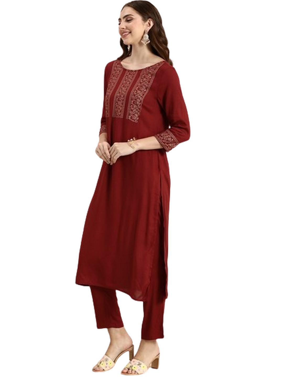 Solid Round Neck Half Sleeves Calf Length Rayon Kurta Set - Image 3