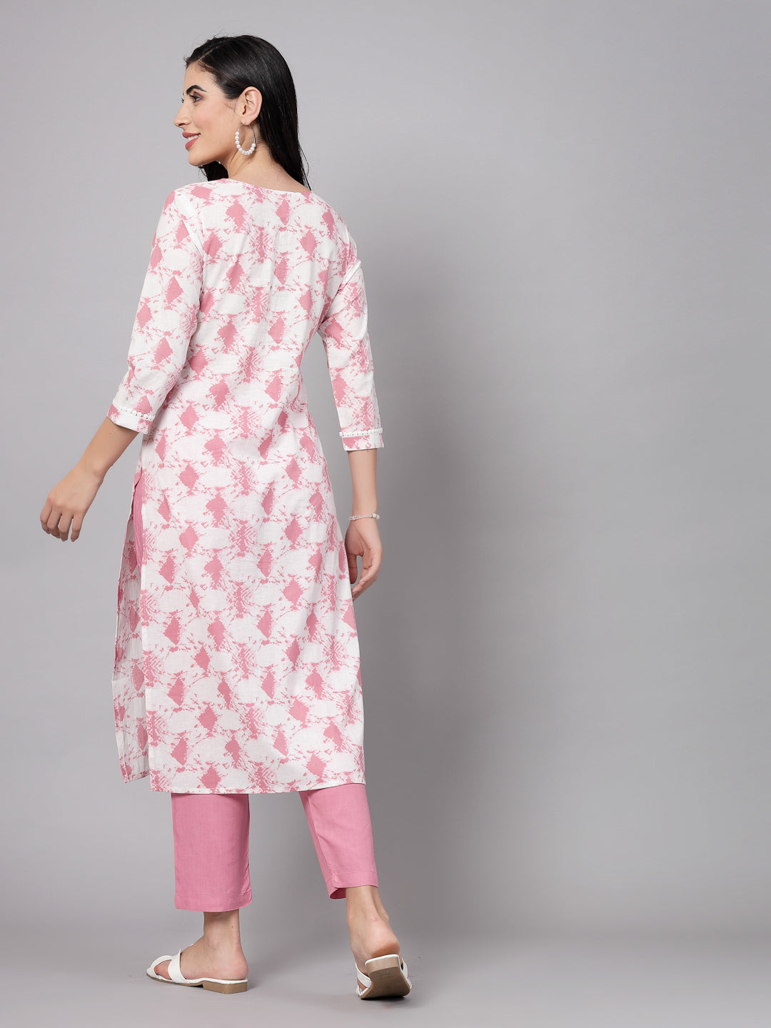 Pink Self-Design Kurta Set - Rayon Fabric, 3/4 Sleeves, Mandarin Collar And Calf Length - Image 2
