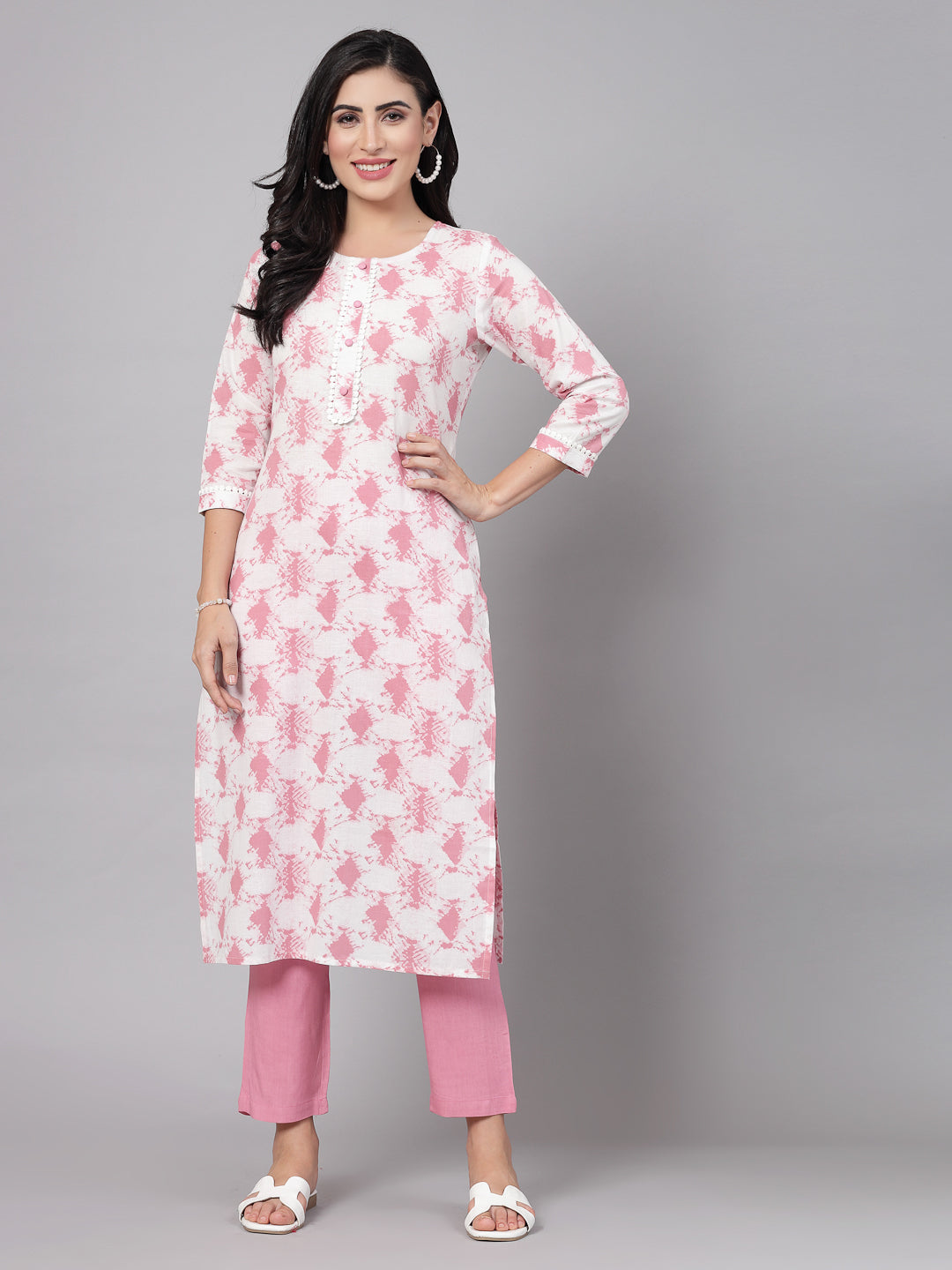 Pink Self-Design Kurta Set - Rayon Fabric, 3/4 Sleeves, Mandarin Collar And Calf Length - Image 3