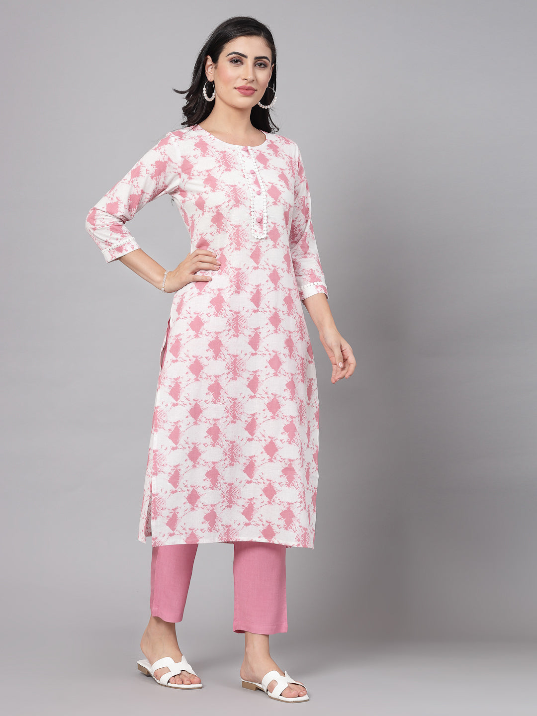 Pink Self-Design Kurta Set - Rayon Fabric, 3/4 Sleeves, Mandarin Collar And Calf Length - Image 5
