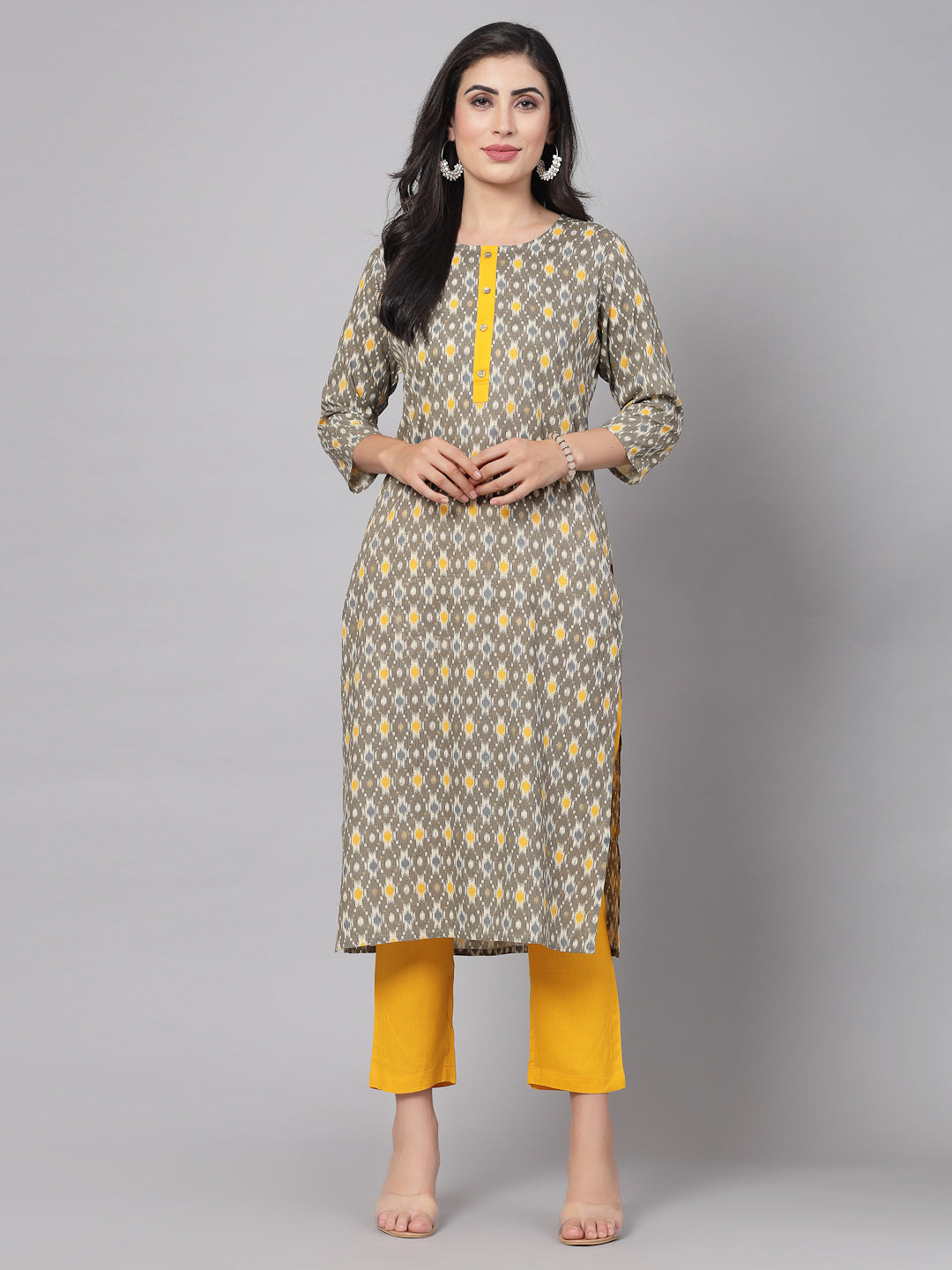 Mustard Self-Design Kurta Set - Rayon Fabric, 3/4 Sleeves, Mandarin Collar And Calf Length - Image 3