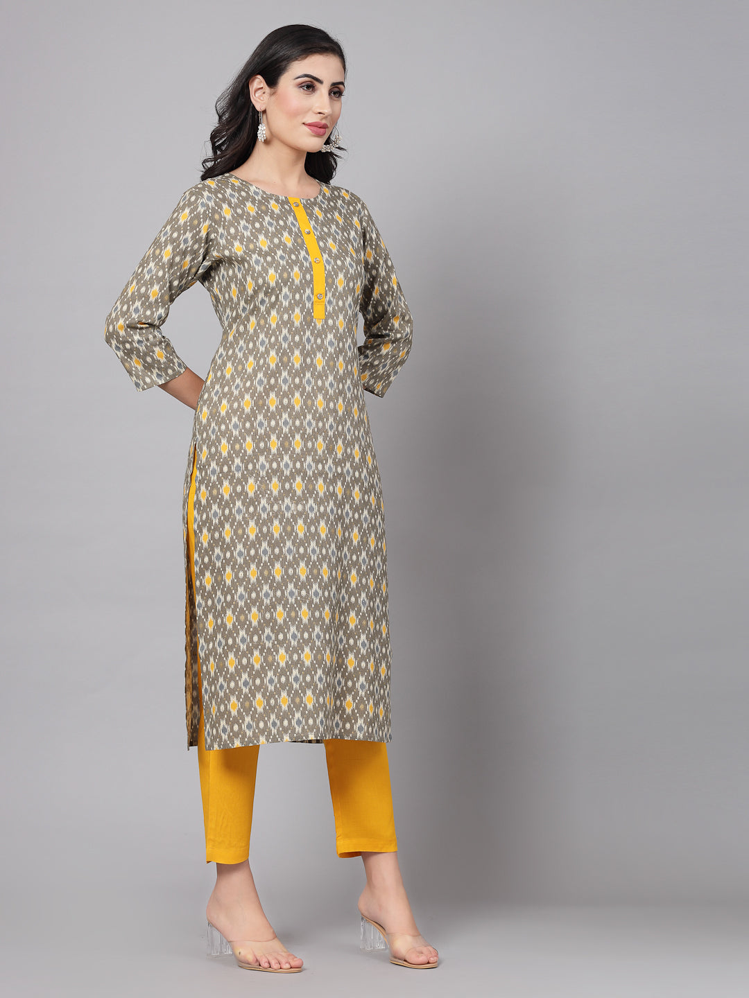 Mustard Self-Design Kurta Set - Rayon Fabric, 3/4 Sleeves, Mandarin Collar And Calf Length - Image 5