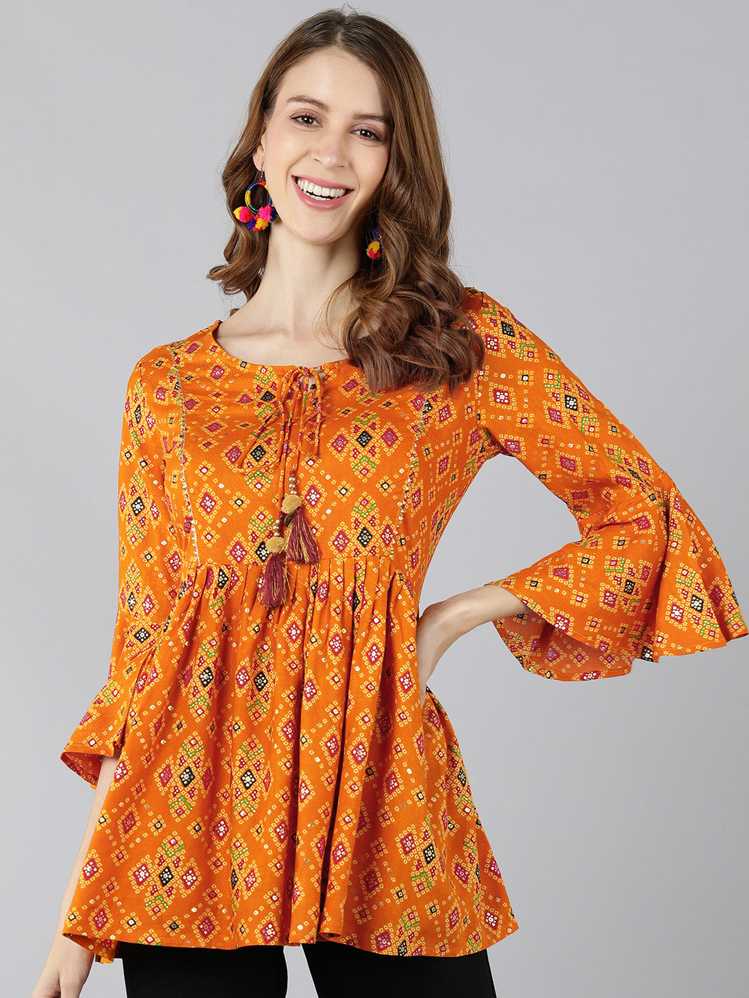 Rayon Printed Peplum Top (Orange) - Image 3