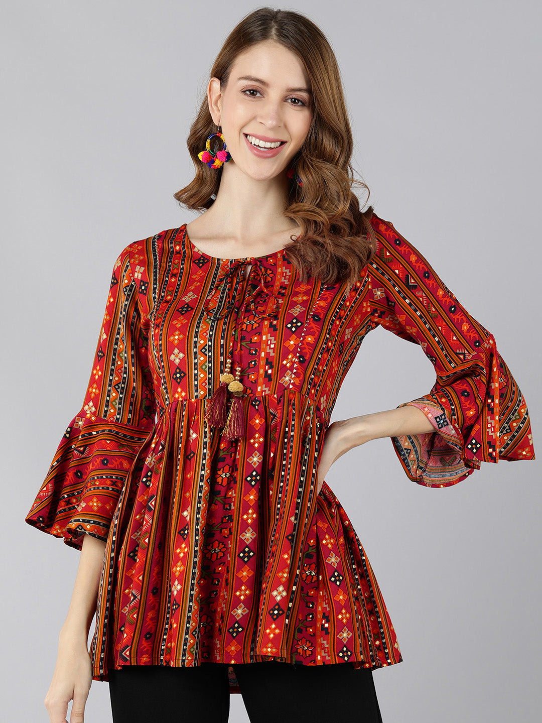 Rayon Printed Peplum Top (Red) - Image 3