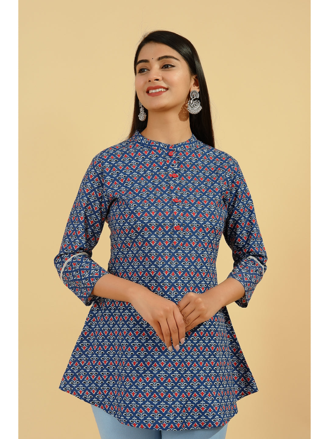 Cotton Geometric Print Regular Top (Blue) - Image 5