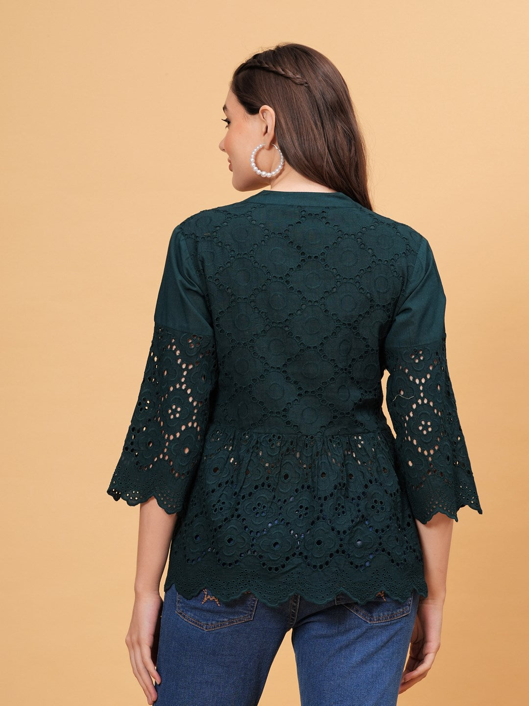 Solid Keyhole Neck 3/4 Sleeves Hips Length Cotton Tops & Tunic - Image 2