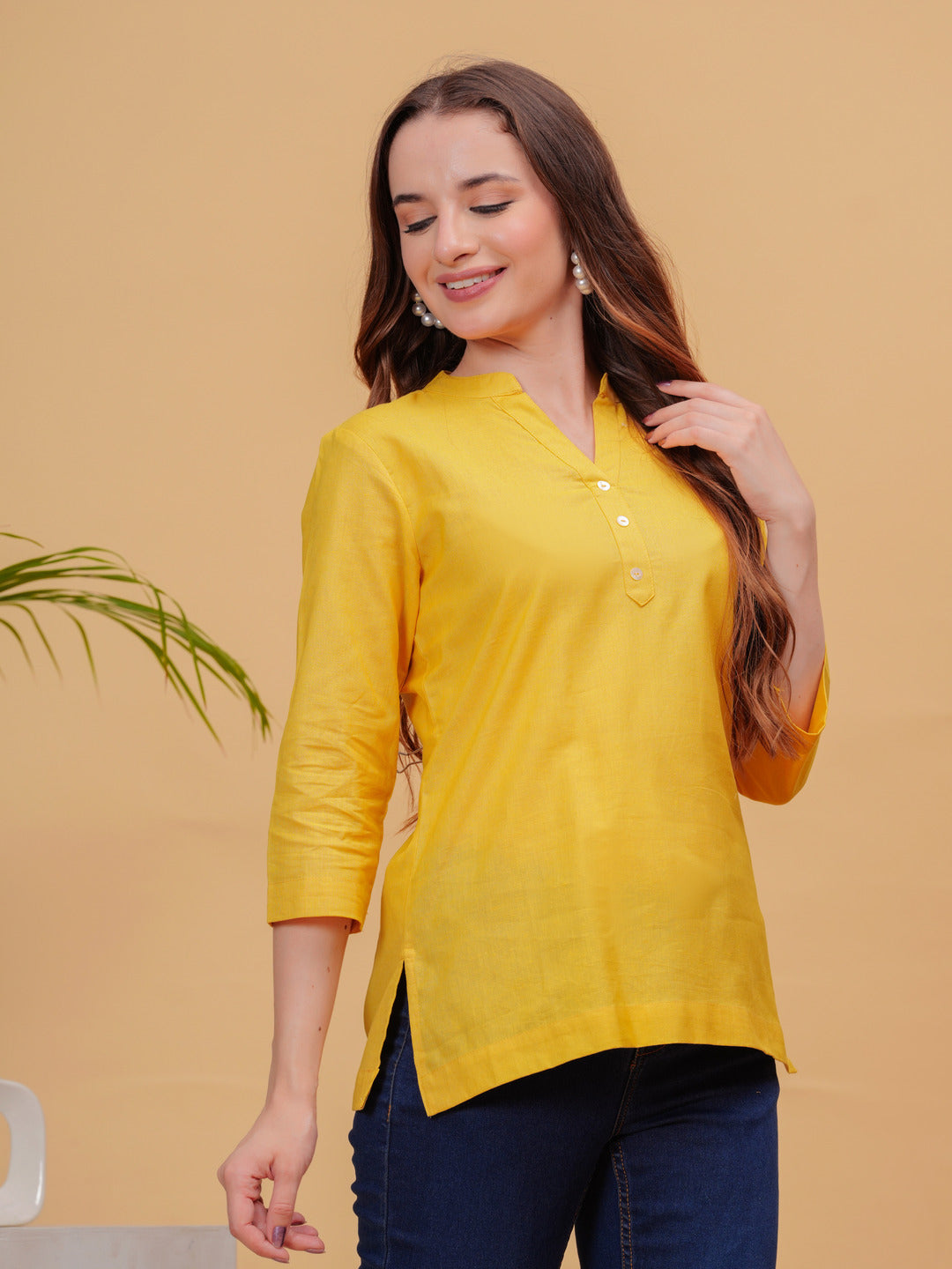 Mustard Solid Tops & Tunic - Linen Fabric, 3/4 Sleeves, Mandarin Collar And Hips Length - Image 4