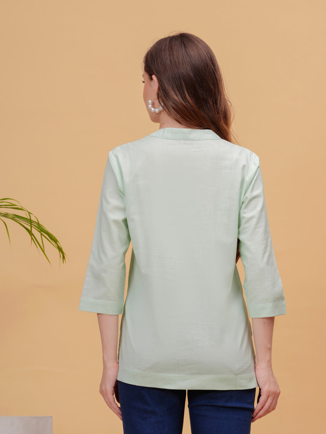 Parrot Green Solid Tops & Tunic - Linen Fabric, 3/4 Sleeves, Mandarin Collar And Hips Length - Image 2