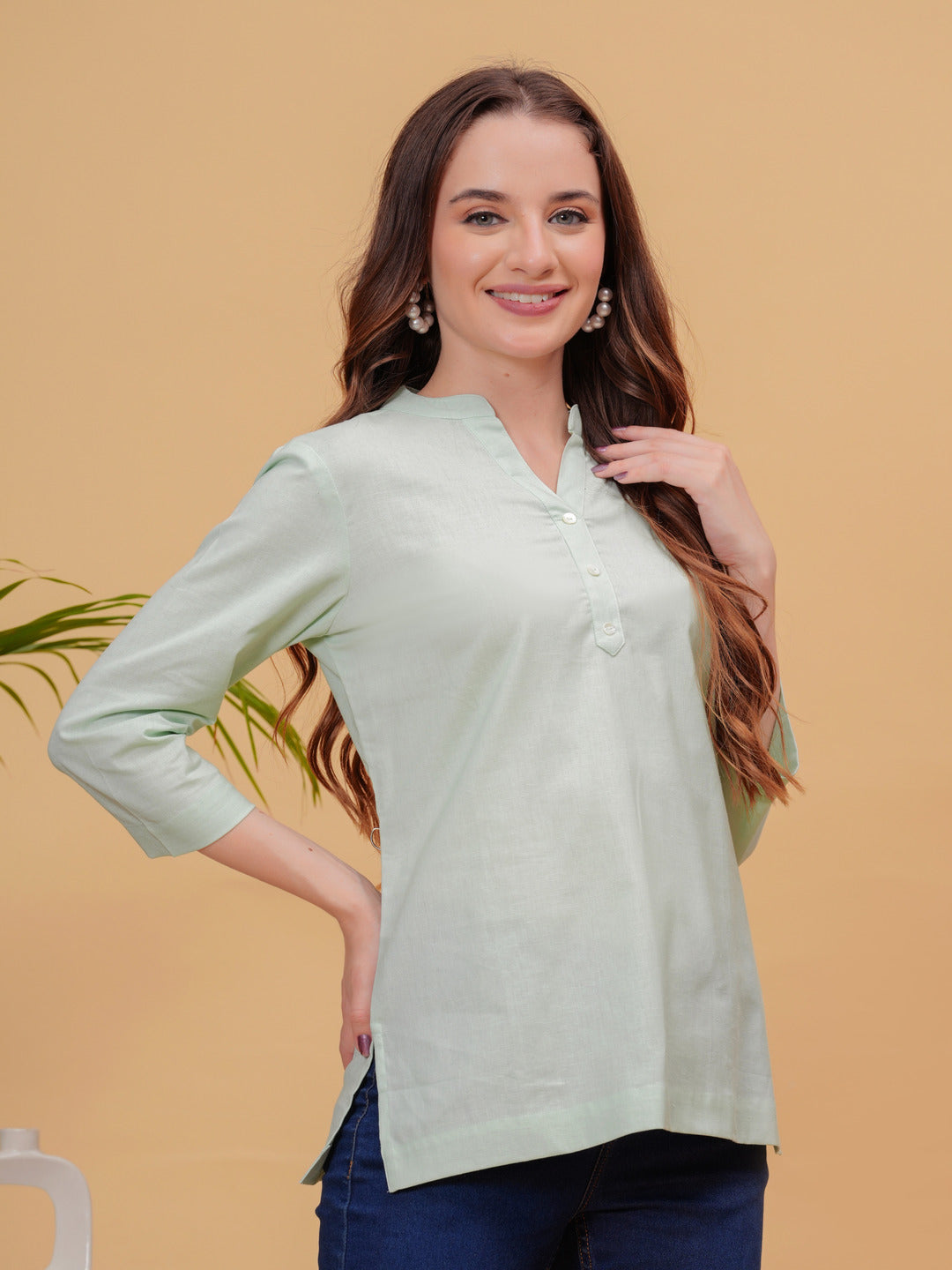 Parrot Green Solid Tops & Tunic - Linen Fabric, 3/4 Sleeves, Mandarin Collar And Hips Length - Image 4