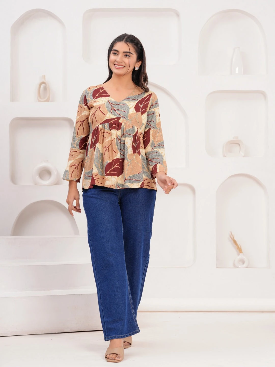 Grey Maroon Printed Tops & Tunic - Image 2
