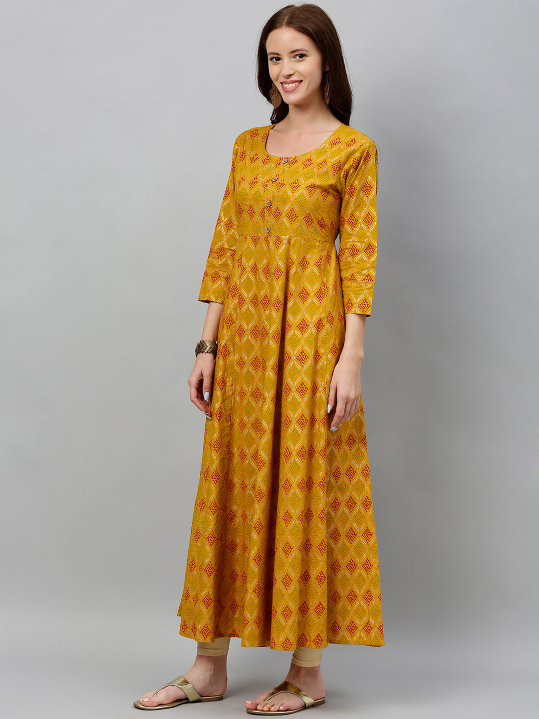 Cotton Gold Print Anarkali Kurta - Image 3