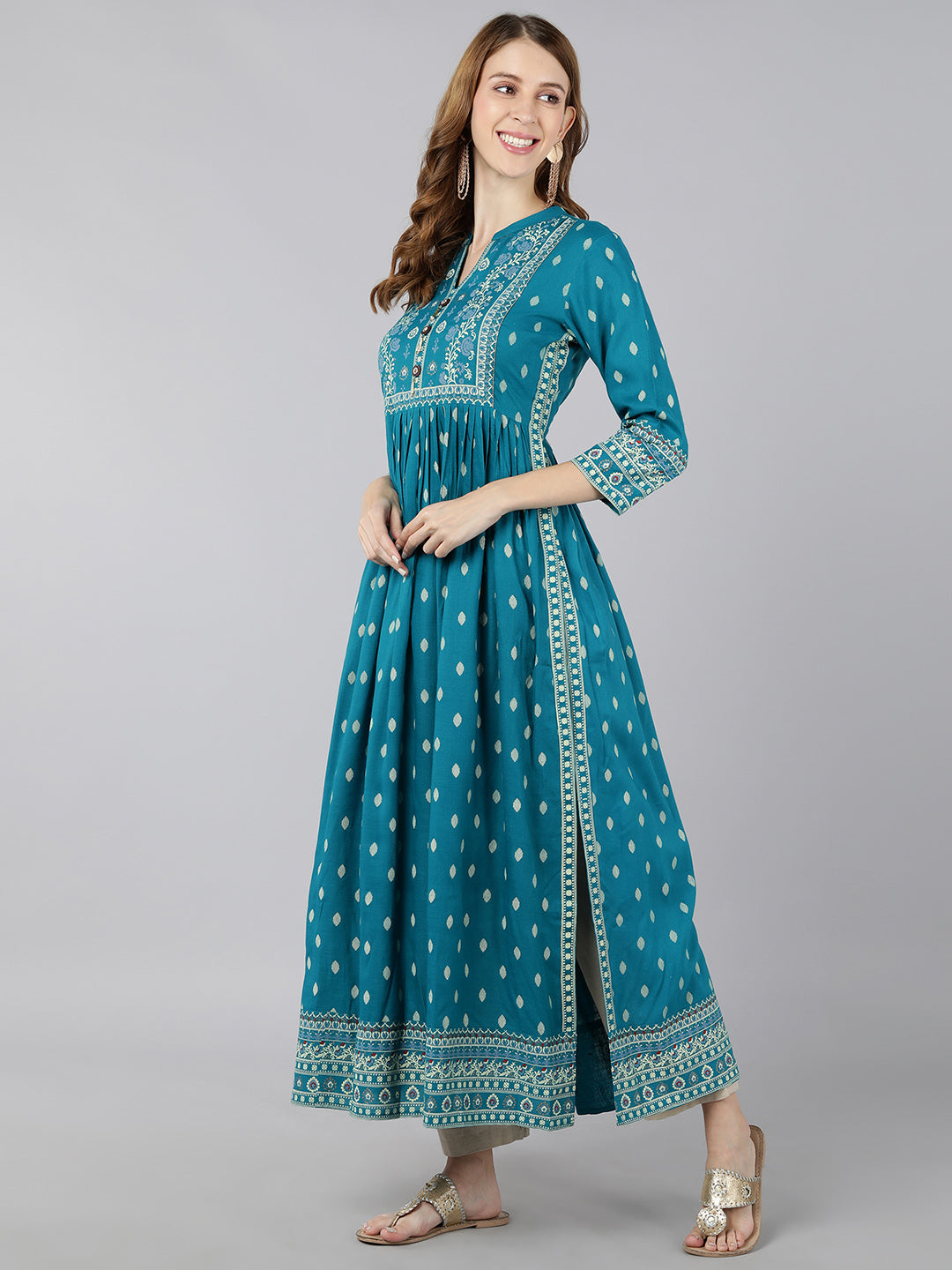 Rayon Printed A-Line Kurta (Turquoise) - Image 3