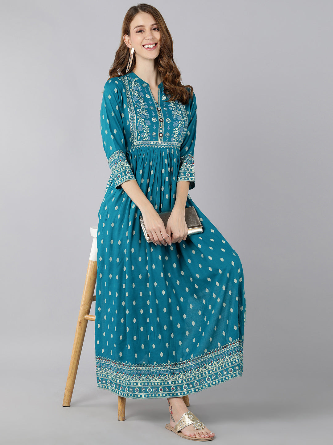 Rayon Printed A-Line Kurta (Turquoise) - Image 4