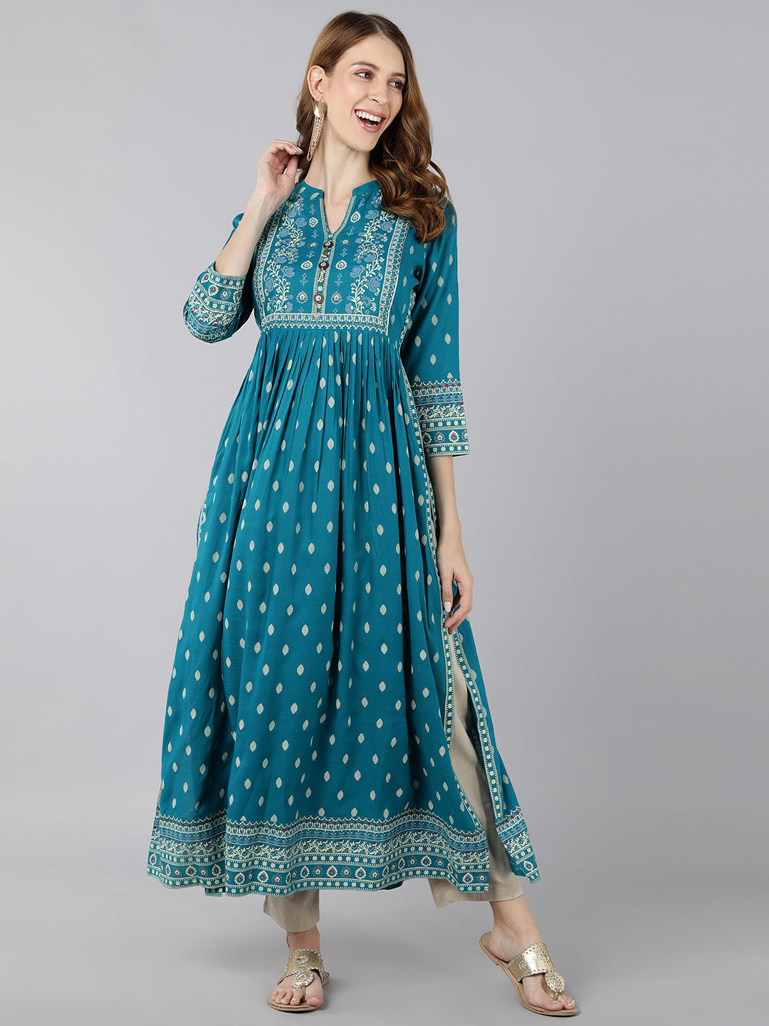 Rayon Printed A-Line Kurta (Turquoise) - Image 5