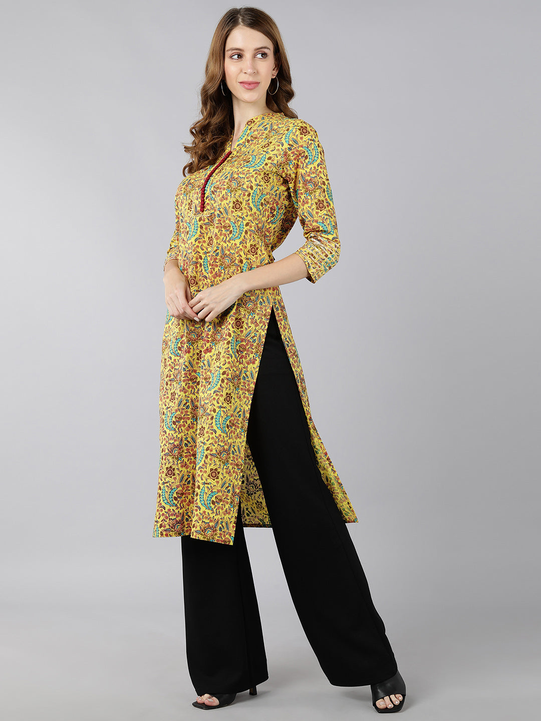 Cotton Printed Straight Kurta (Mustard) - Image 3