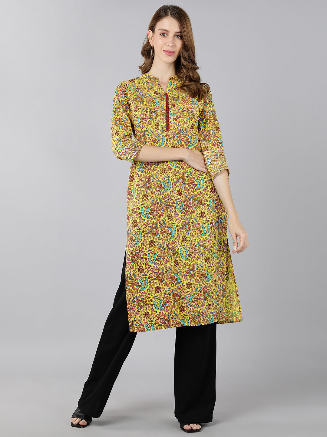 Cotton Printed Straight Kurta (Mustard) - Image 4