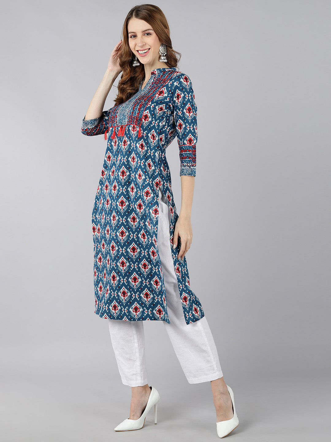 Cotton Printed Straight Kurta (Blue) - Image 3