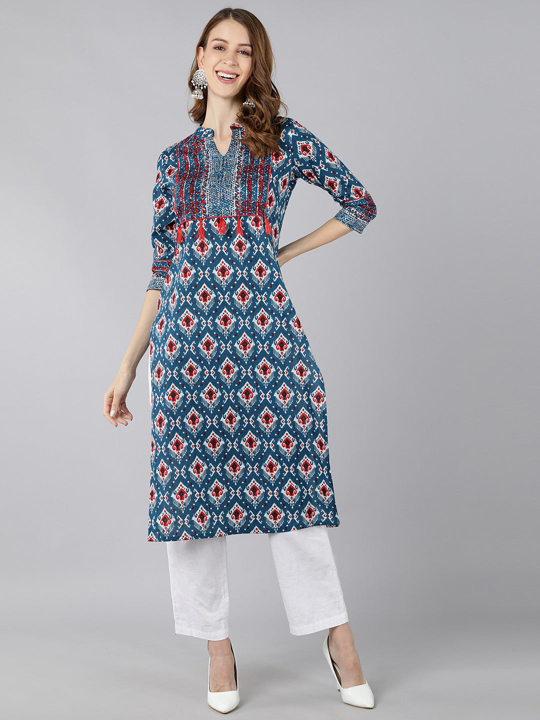 Cotton Printed Straight Kurta (Blue) - Image 4