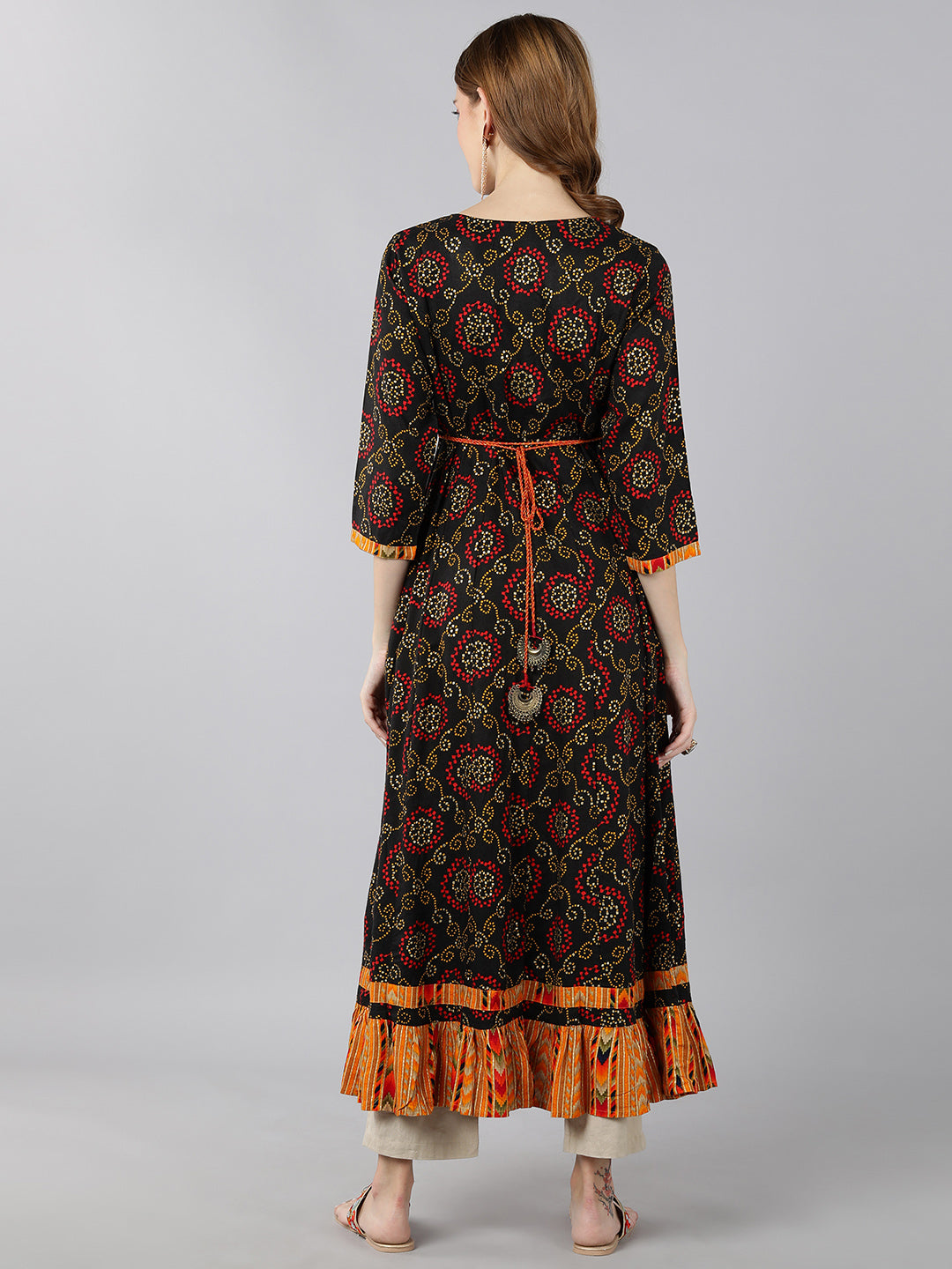 Rayon Bandhni Print Calf Length Kurta (Multicolour) - Image 2