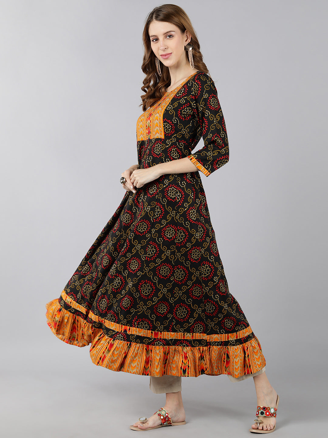 Rayon Bandhni Print Calf Length Kurta (Multicolour) - Image 3