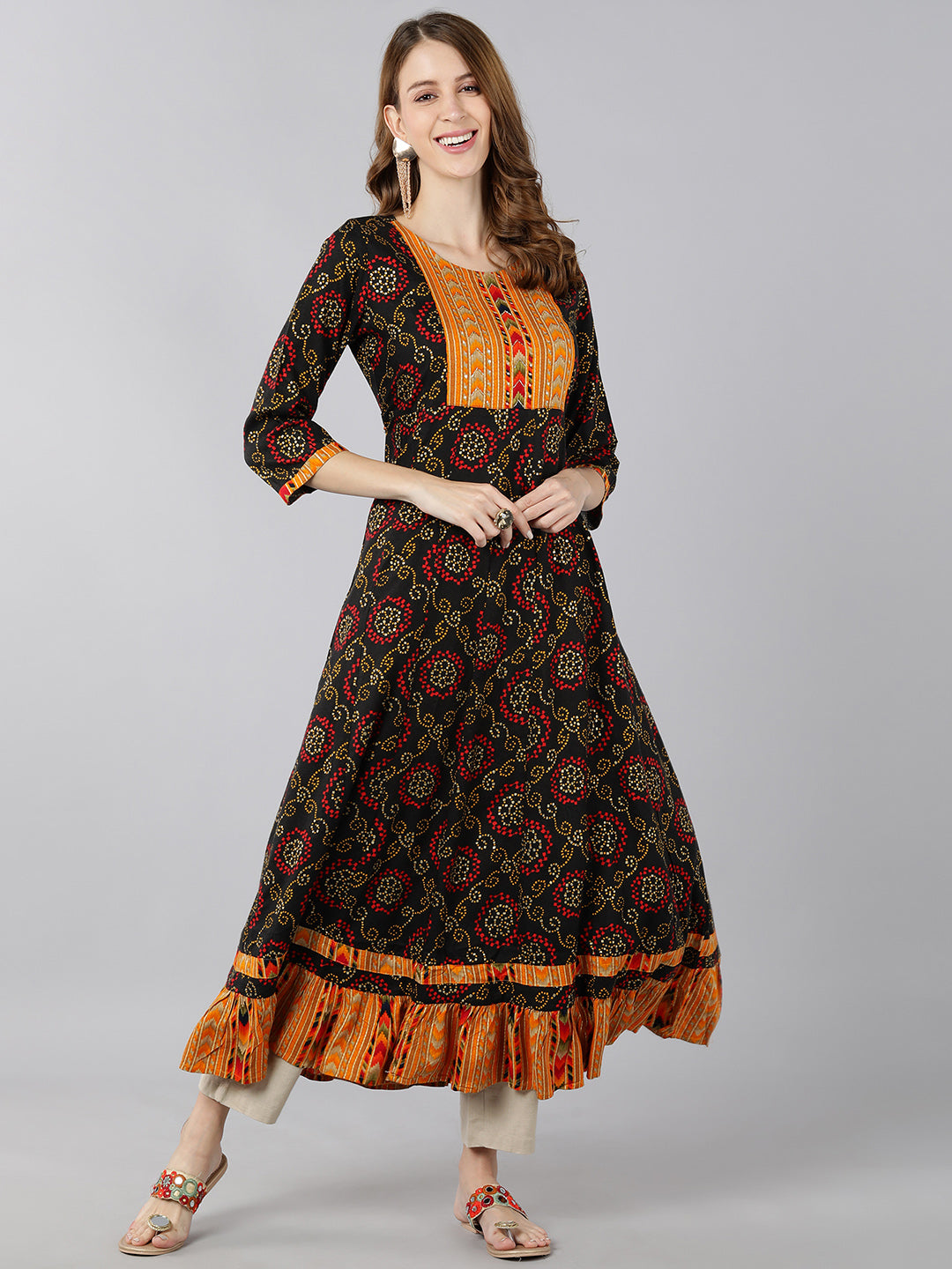 Rayon Bandhni Print Calf Length Kurta (Multicolour) - Image 4