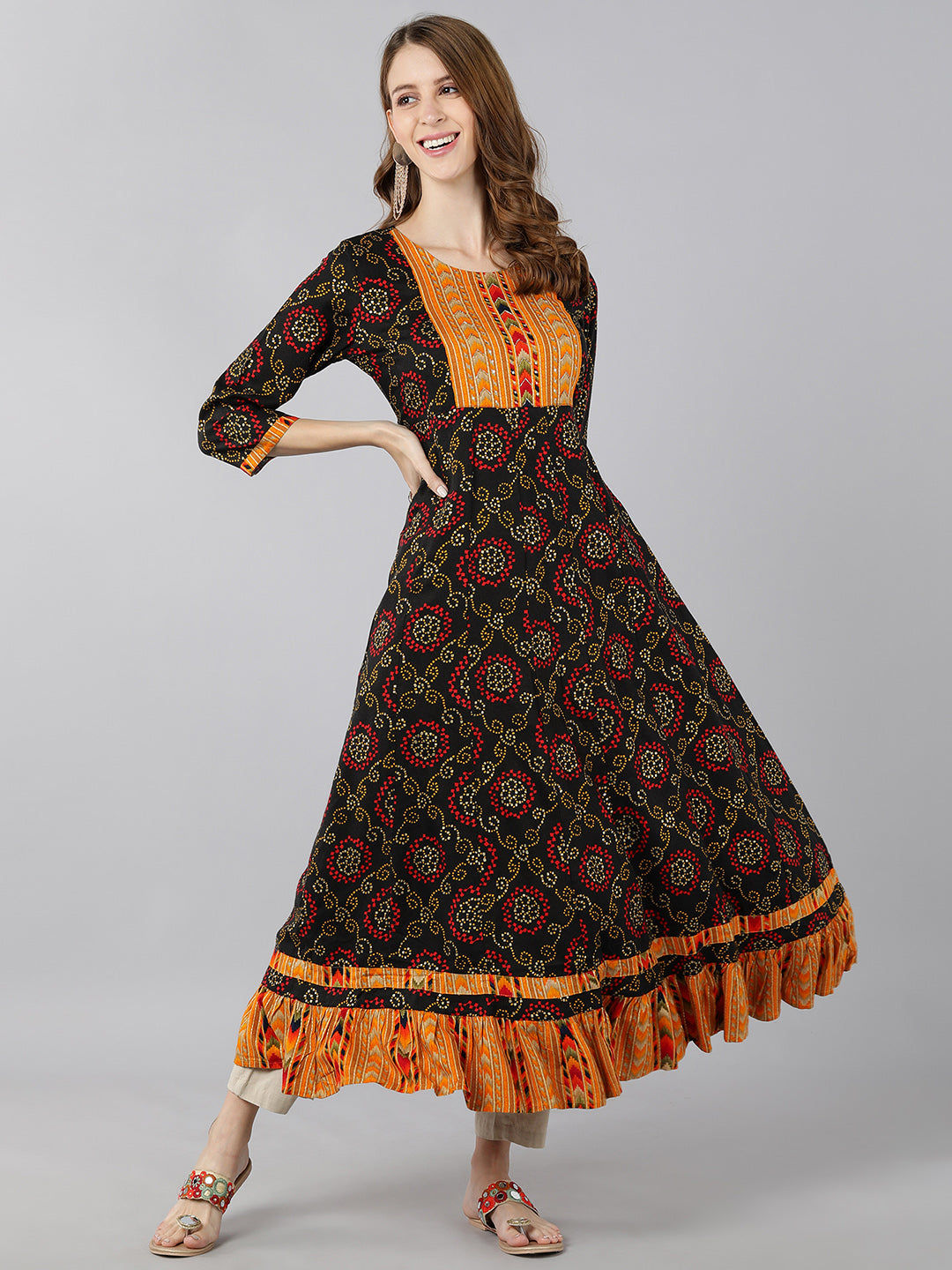 Rayon Bandhni Print Calf Length Kurta (Multicolour) - Image 5