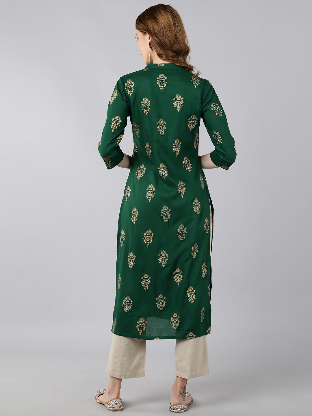 Rayon Gold Print Knee Length Kurta (Green) - Image 2