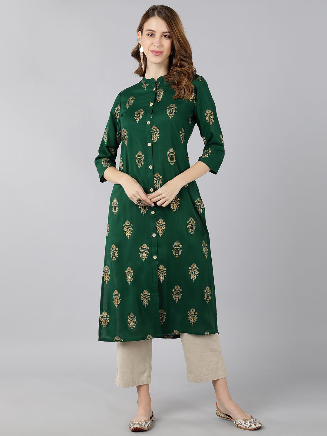 Rayon Gold Print Knee Length Kurta (Green) - Image 3