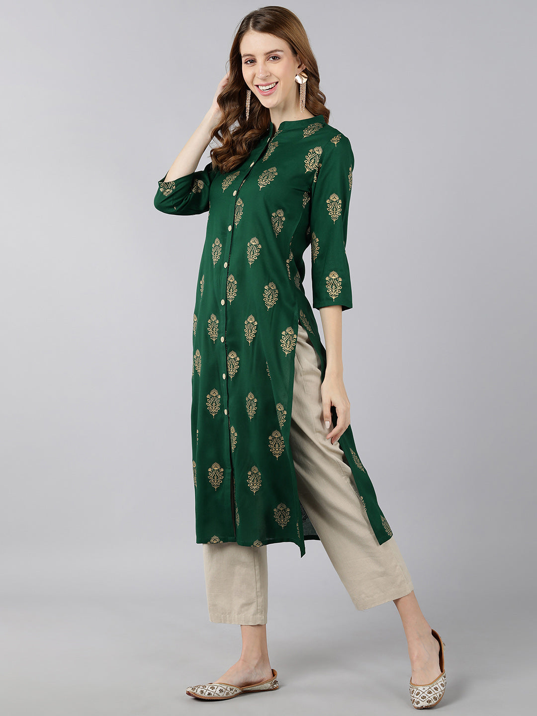 Rayon Gold Print Knee Length Kurta (Green) - Image 4