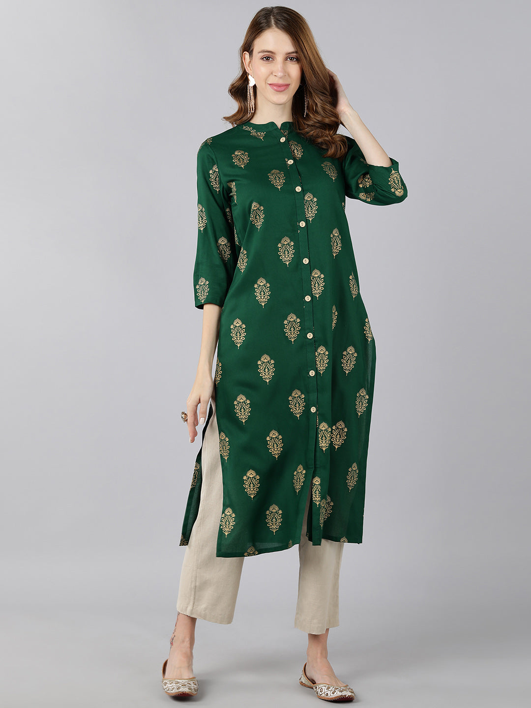 Rayon Gold Print Knee Length Kurta (Green) - Image 5