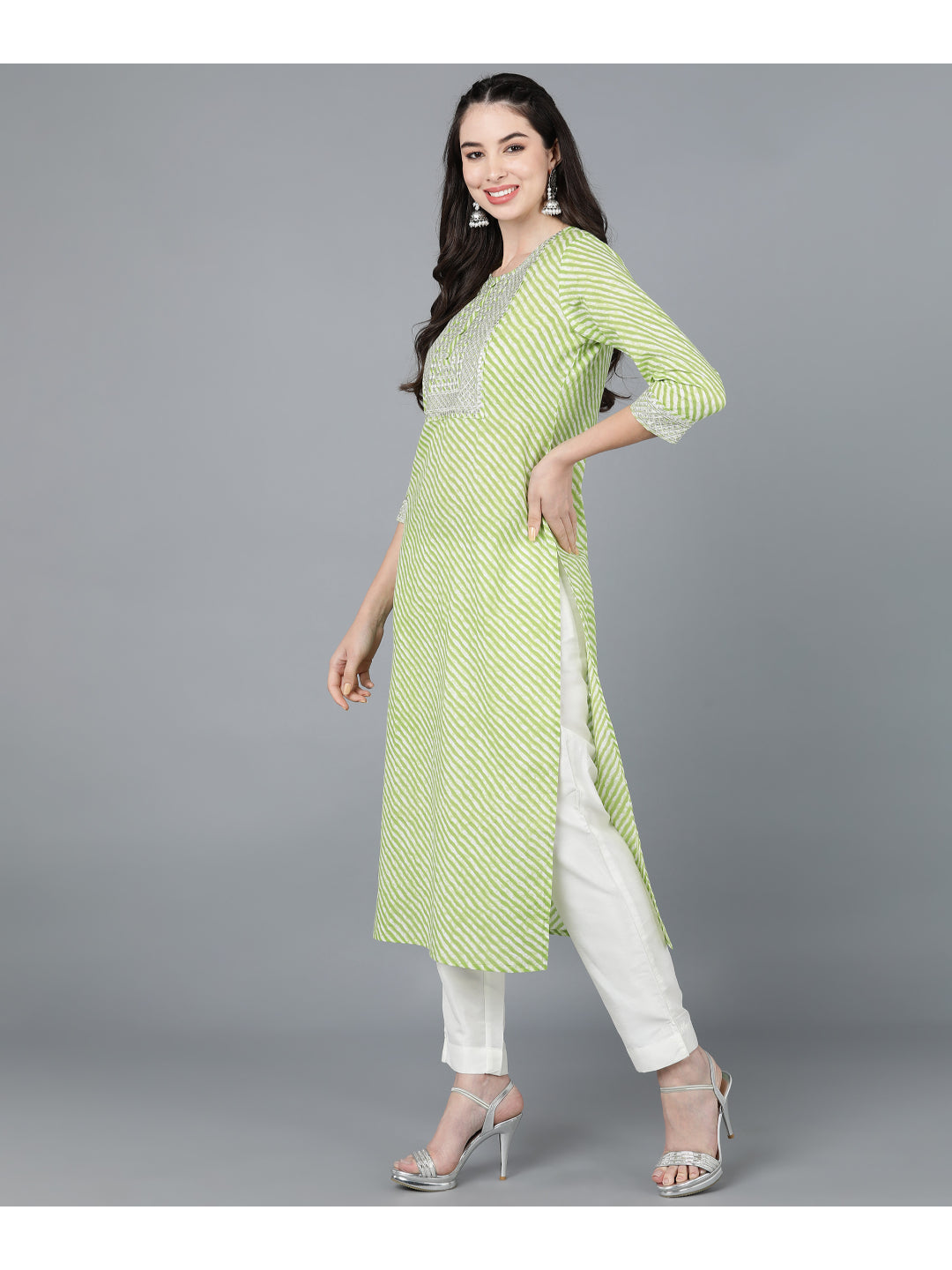 Cotton Leheriya Print Straight Kurta (Light Green) - Image 3