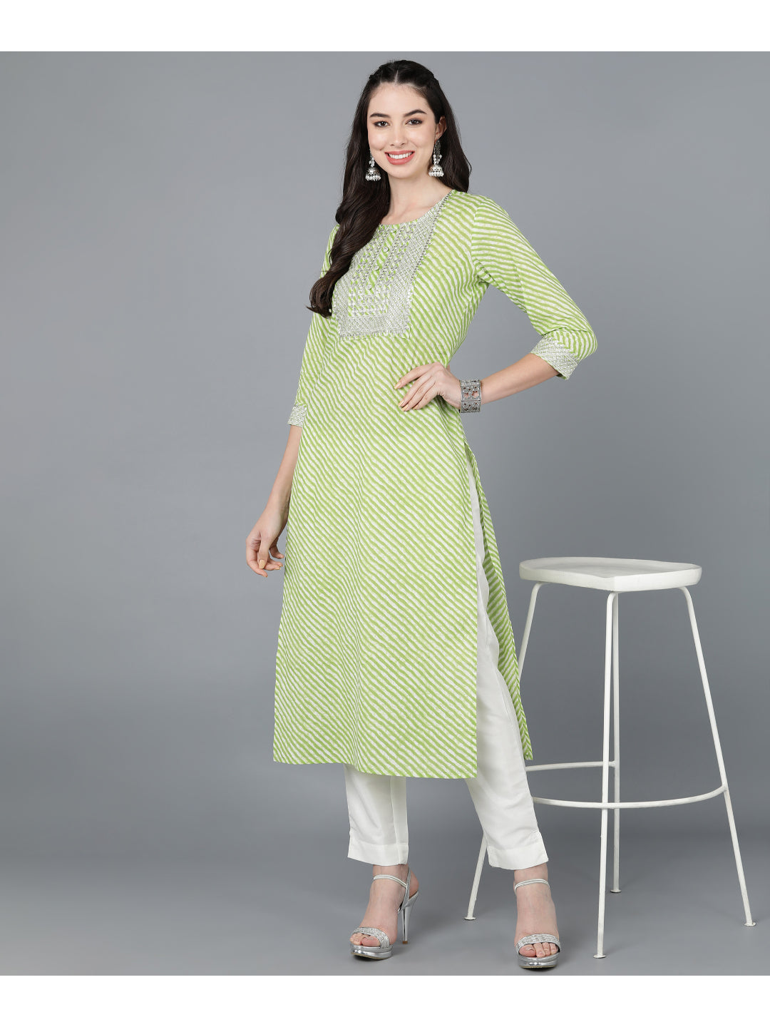 Cotton Leheriya Print Straight Kurta (Light Green) - Image 4
