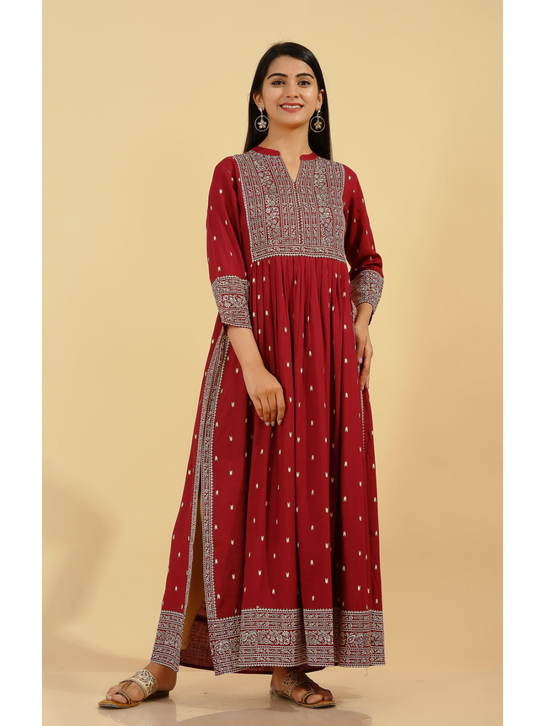 Rayon Printed A-Line Kurta (Maroon) - Image 2