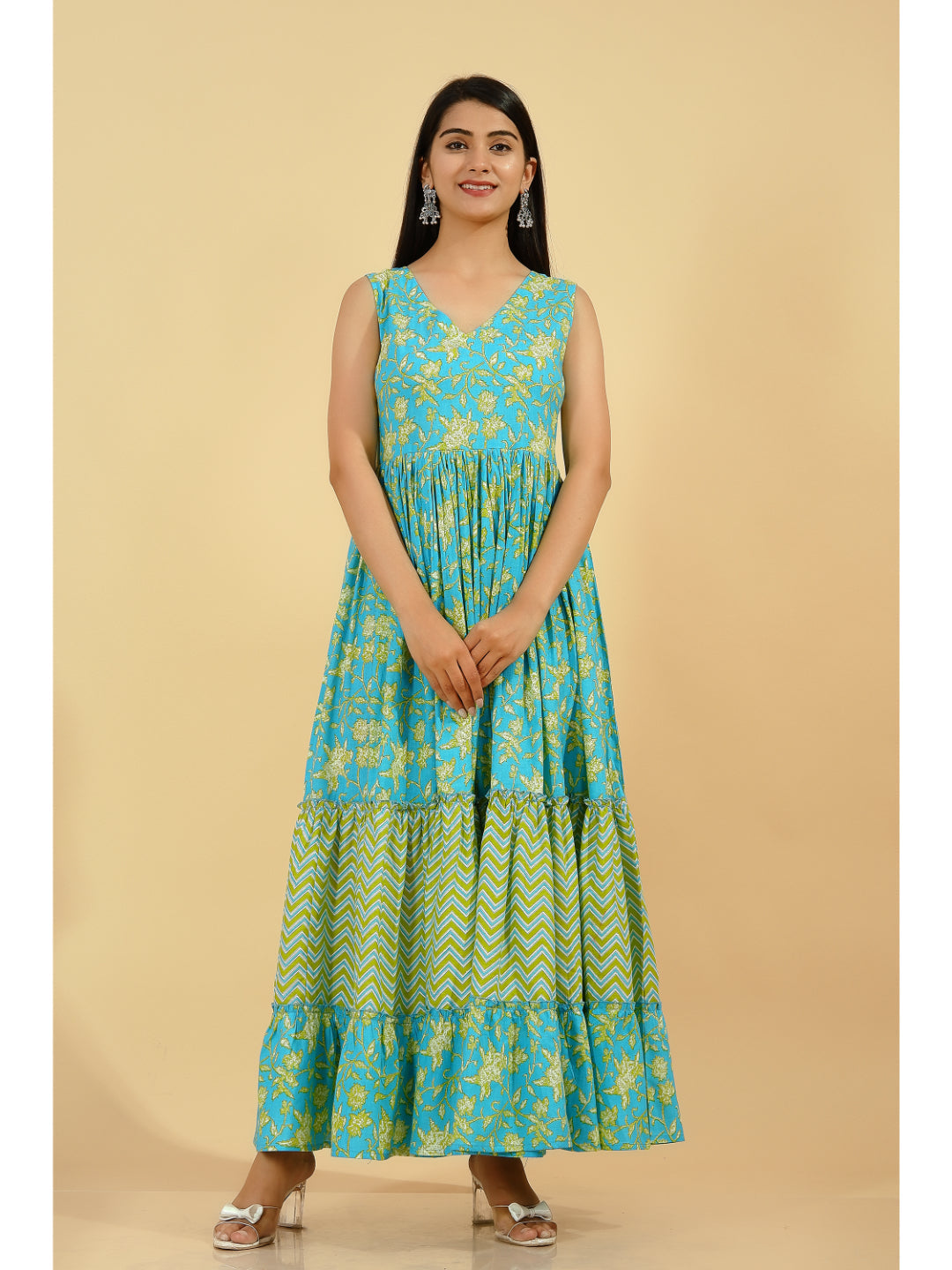 Cotton Printed Flared Kurta (Blue & Green) - Image 2