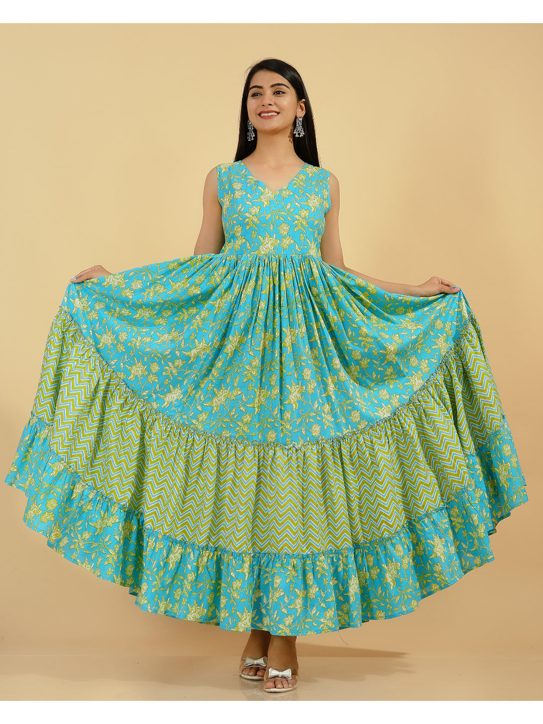 Cotton Printed Flared Kurta (Blue & Green) - Image 3