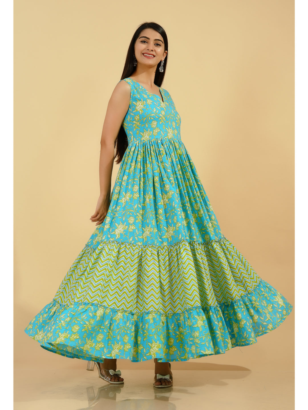 Cotton Printed Flared Kurta (Blue & Green) - Image 4
