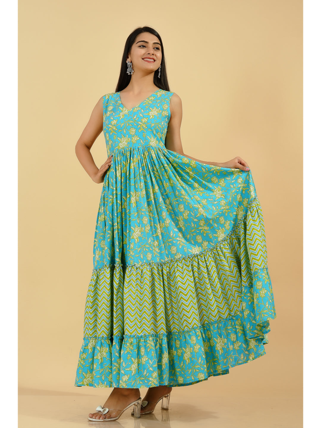 Cotton Printed Flared Kurta (Blue & Green) - Image 5