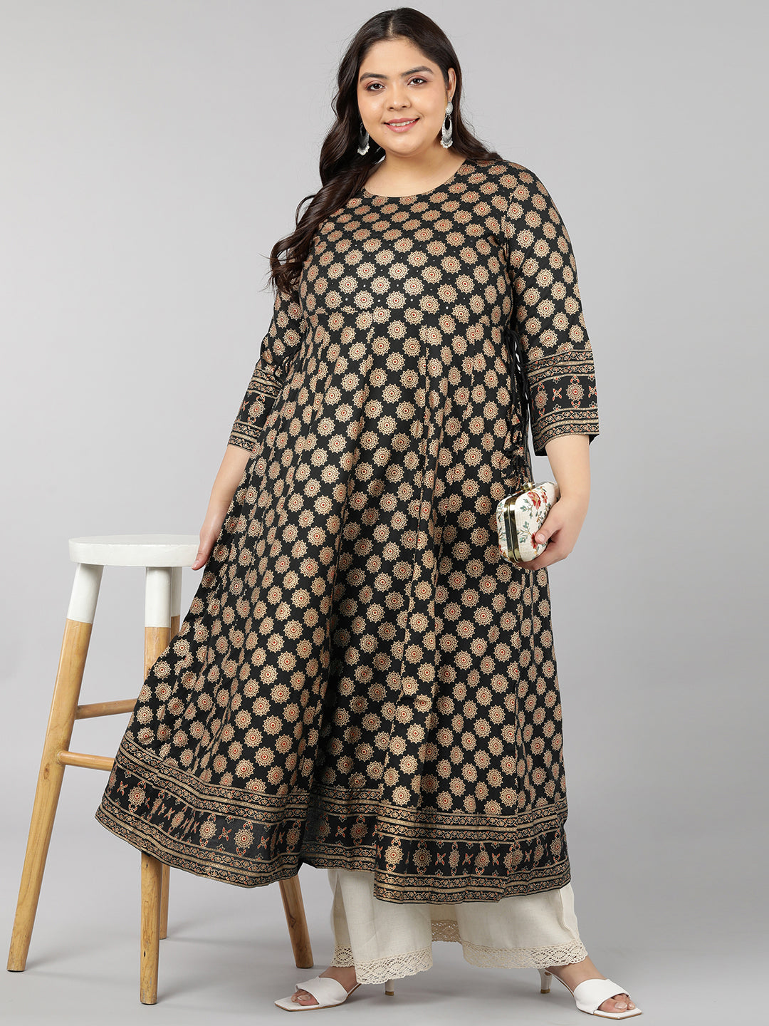 Rayon Gold Print Anarkali Kurta (Black) - Image 3