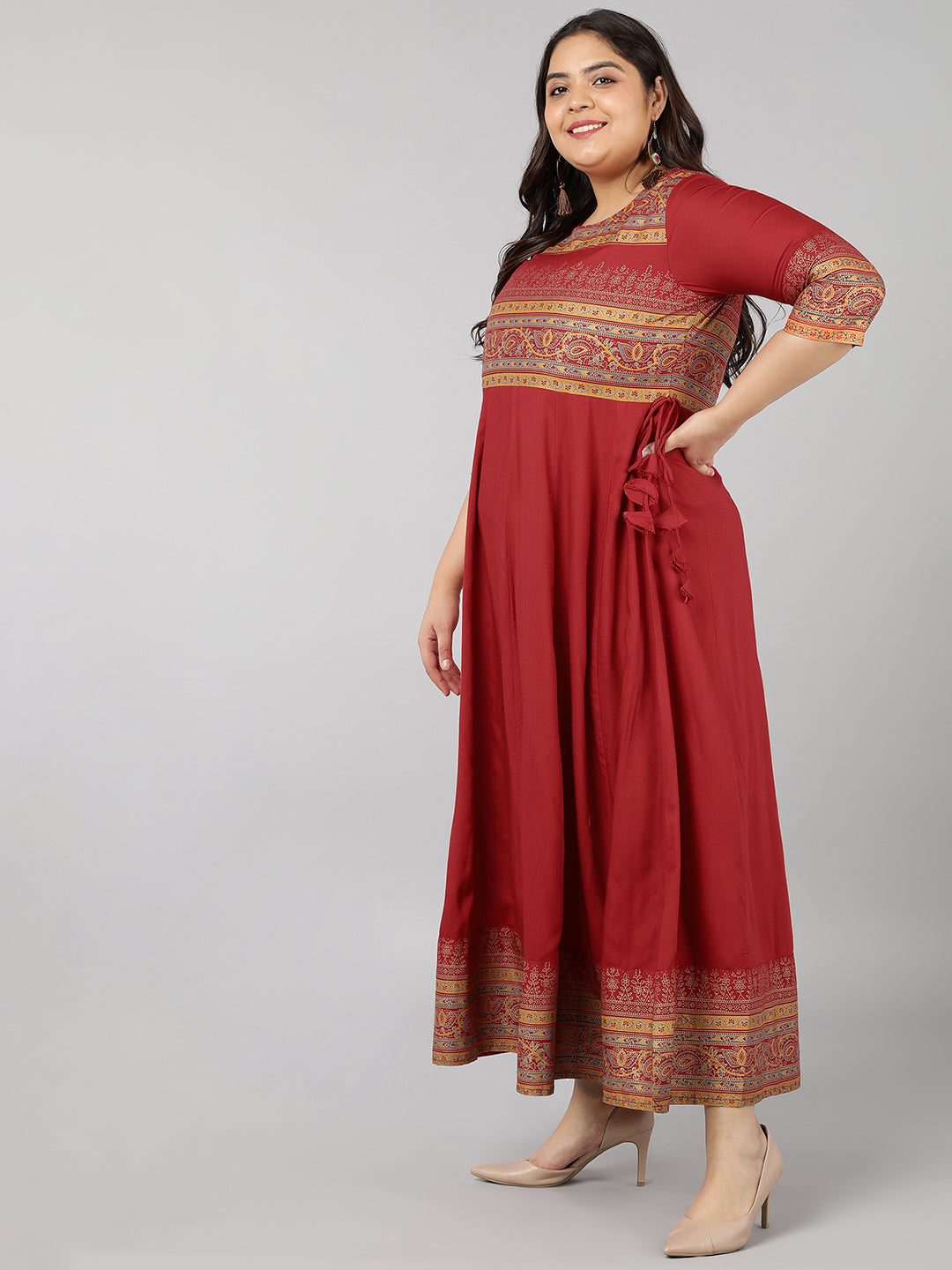 Rayon Gold Print Anarkali Kurta (Red) - Image 3