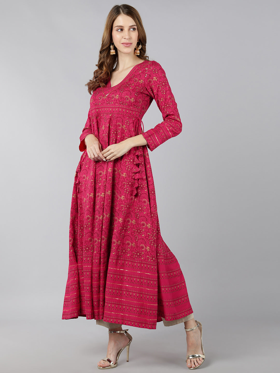 Rayon Gold Print Anarkali Kurta (Pink) - Image 3