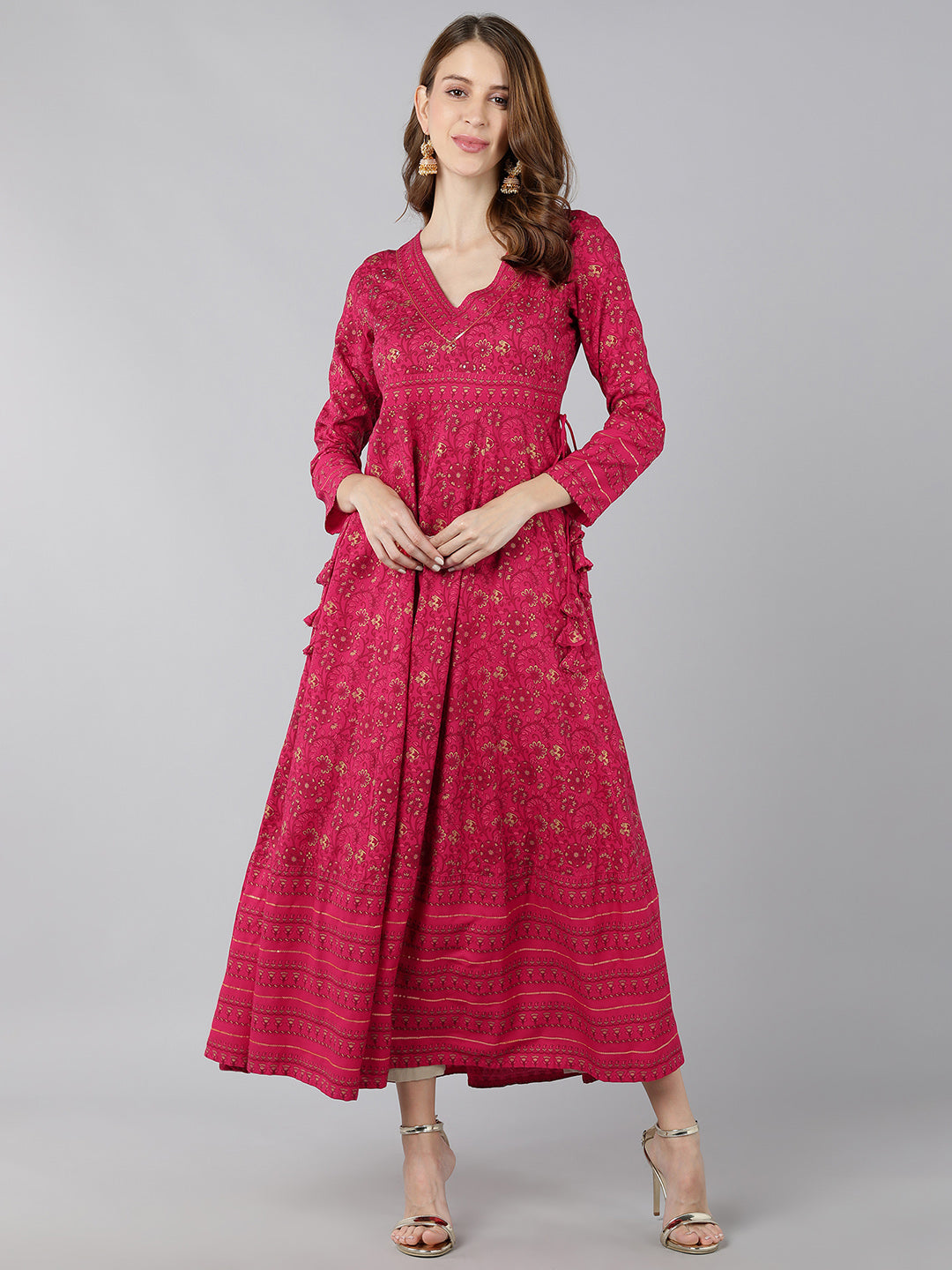 Rayon Gold Print Anarkali Kurta (Pink) - Image 4