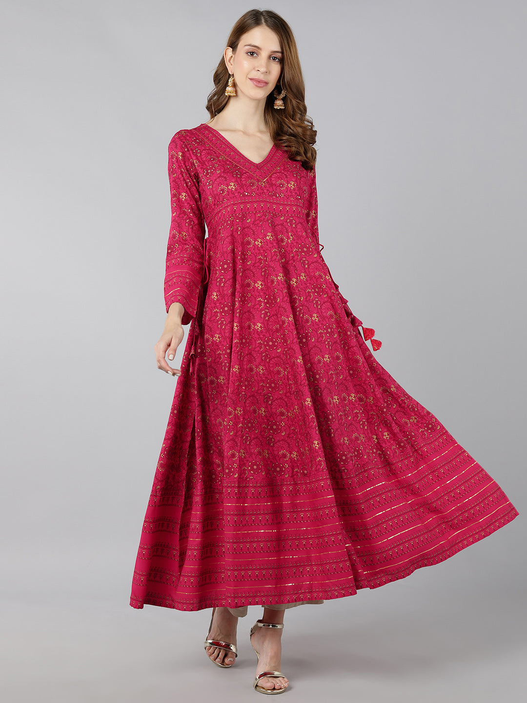 Rayon Gold Print Anarkali Kurta (Pink) - Image 5