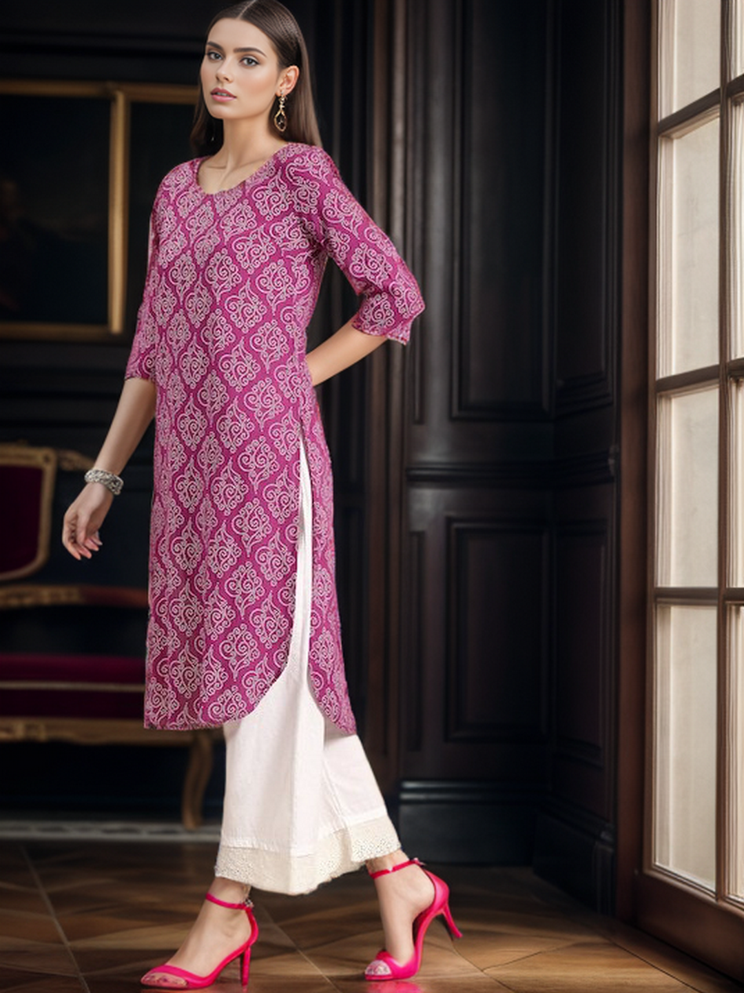Rayon Bandhani Print Straight Kurta - Image 3