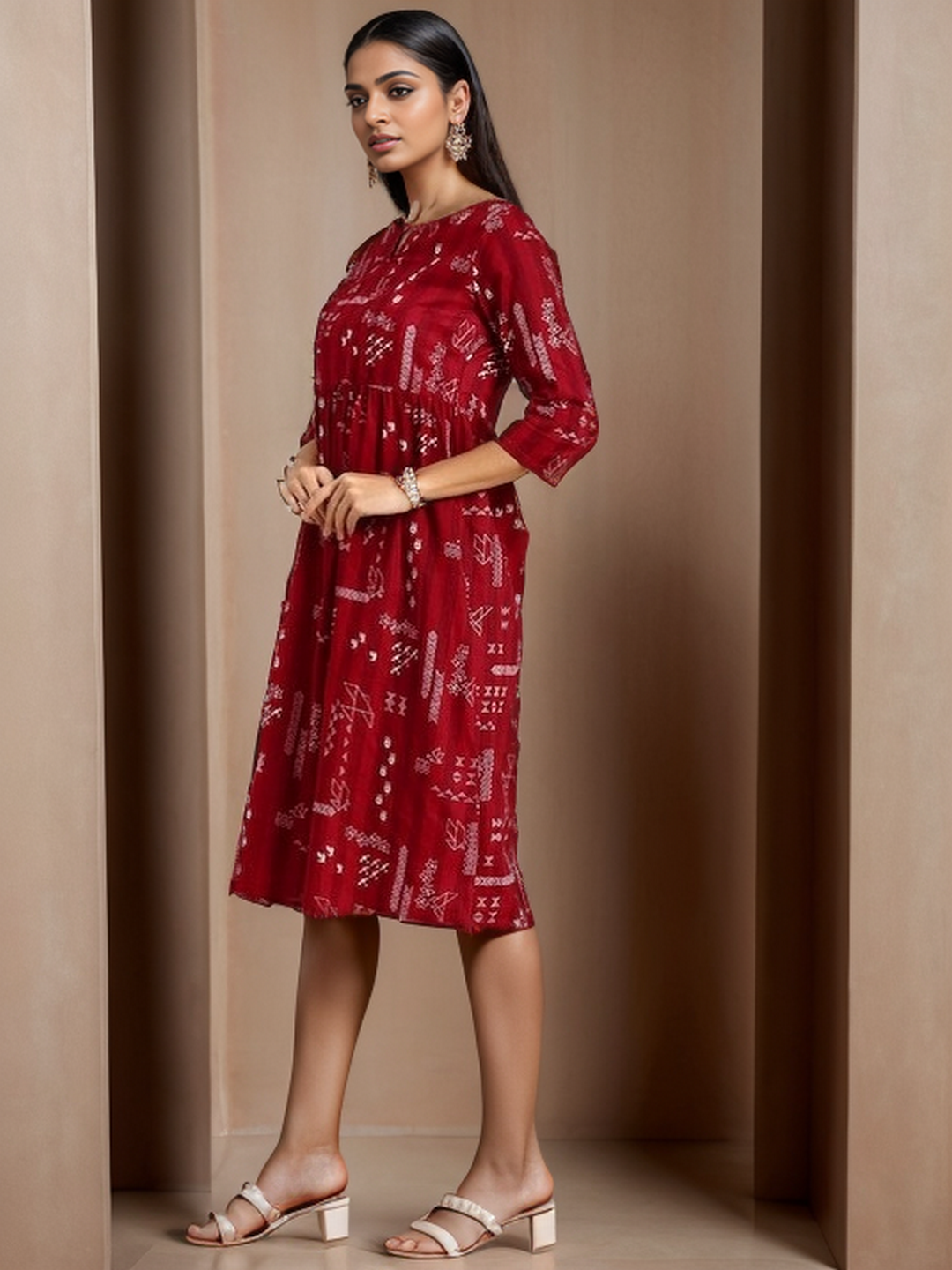 Geometric Round Neck 3/4 Sleeves Calf Length Cotton Straight Kurta - Image 4
