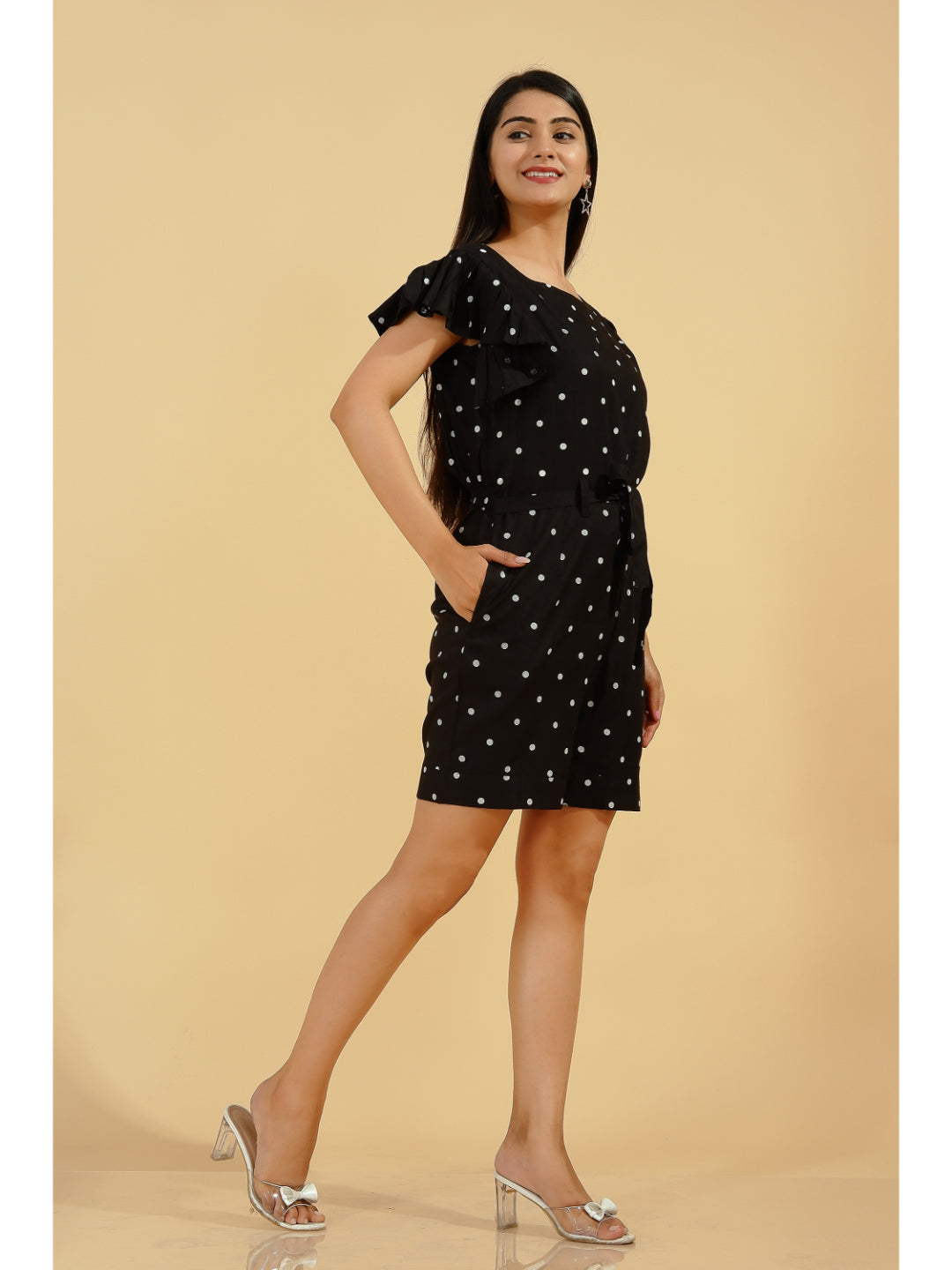 Rayon Polka Dot Regular Jumpsuit (Black) - Image 4