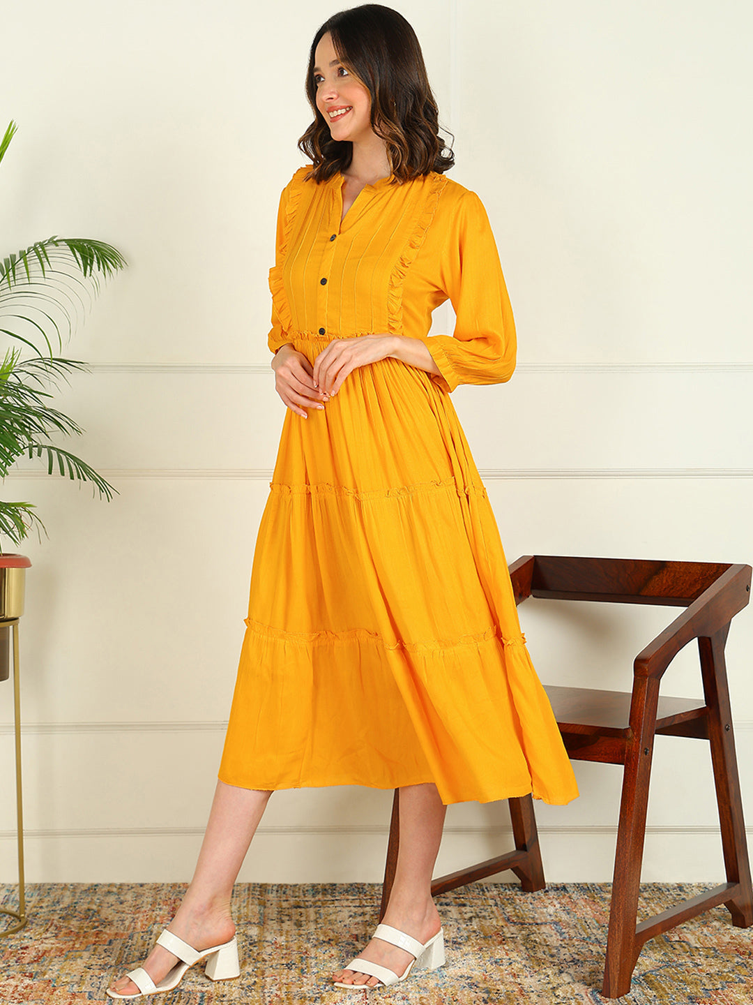 Flared Solid Viscose Rayon Dress - Image 3